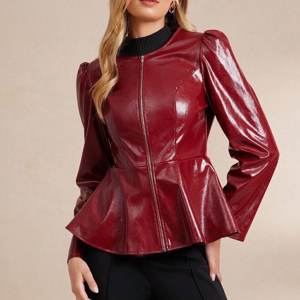 BURGUNDY FAUX LEATHER ZIP UP PUFF SLEEVE FLARED RUFFLED HEM JACKET